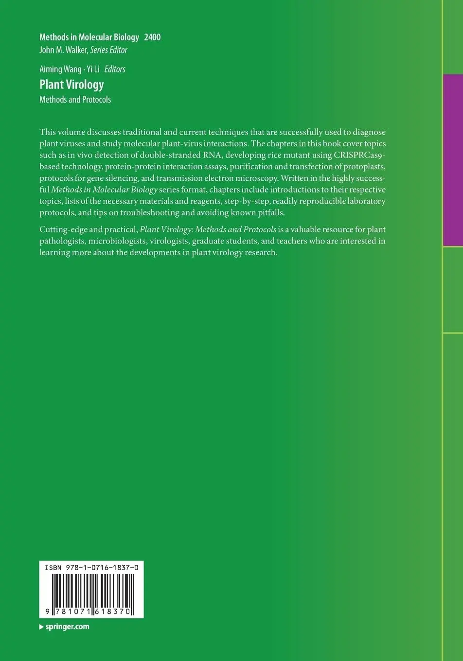Rückseite: 9781071618370 | Plant Virology | Methods and Protocols | Aiming Wang (u. a.) | Buch