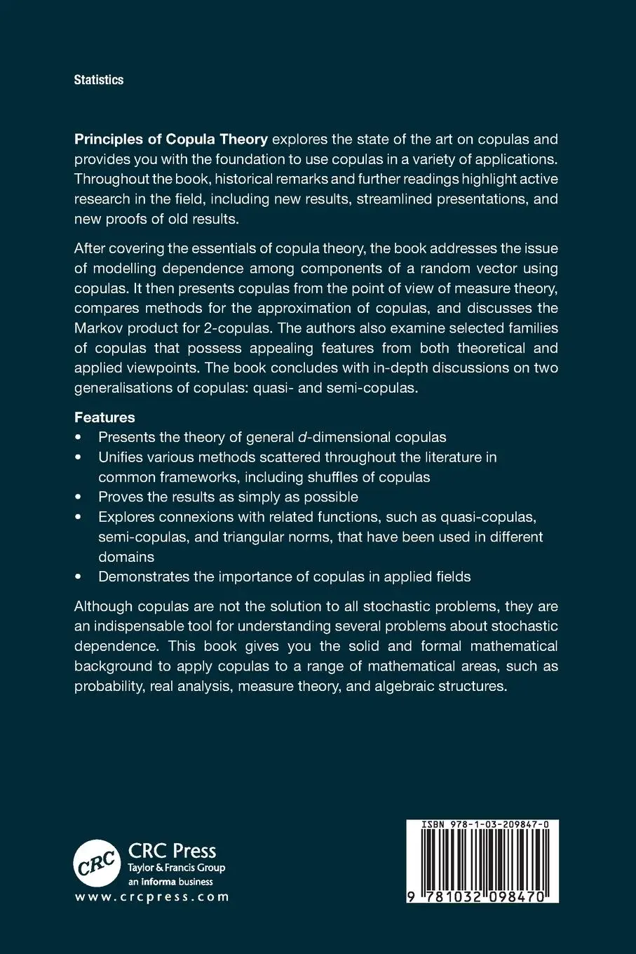 Rückseite: 9781032098470 | Principles of Copula Theory | Fabrizio Durante (u. a.) | Taschenbuch