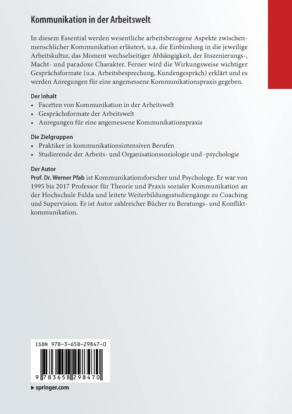 Rückseite: 9783658298470 | Kommunikation in der Arbeitswelt | Werner Pfab | Taschenbuch | viii