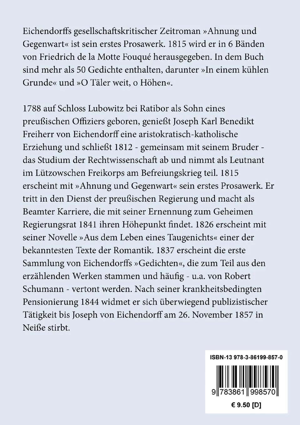 Rückseite: 9783861998570 | Ahnung und Gegenwart | Joseph Von Eichendorff | Taschenbuch | 288 S.