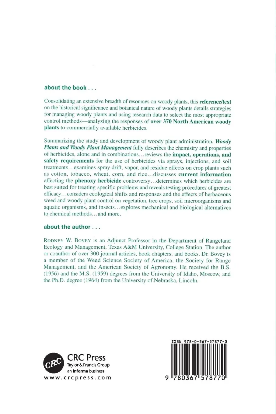 Rückseite: 9780367578770 | Woody Plants and Woody Plant Management | Rodney W. Bovey | Buch