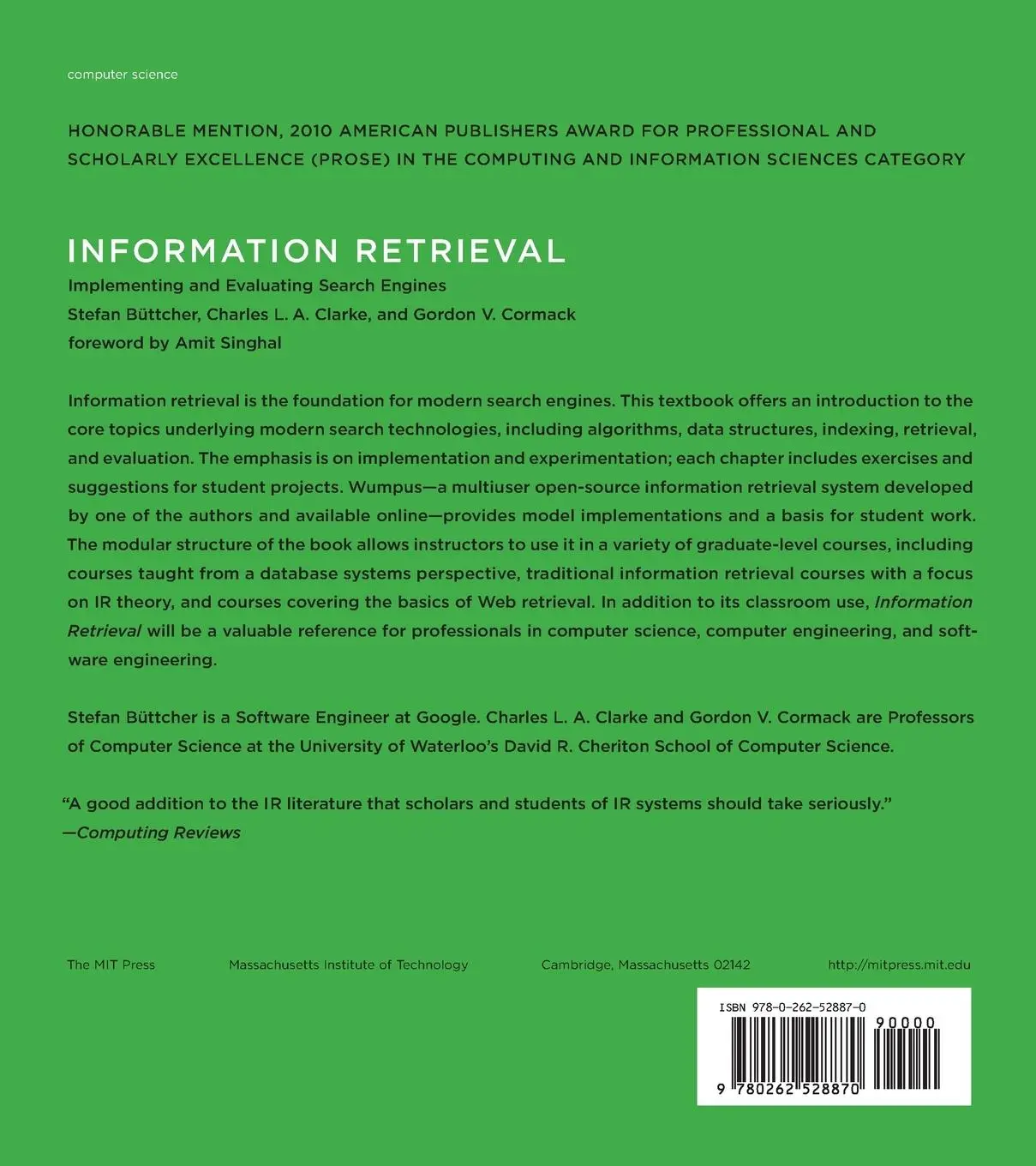 Rückseite: 9780262528870 | Information Retrieval | Implementing and Evaluating Search Engines