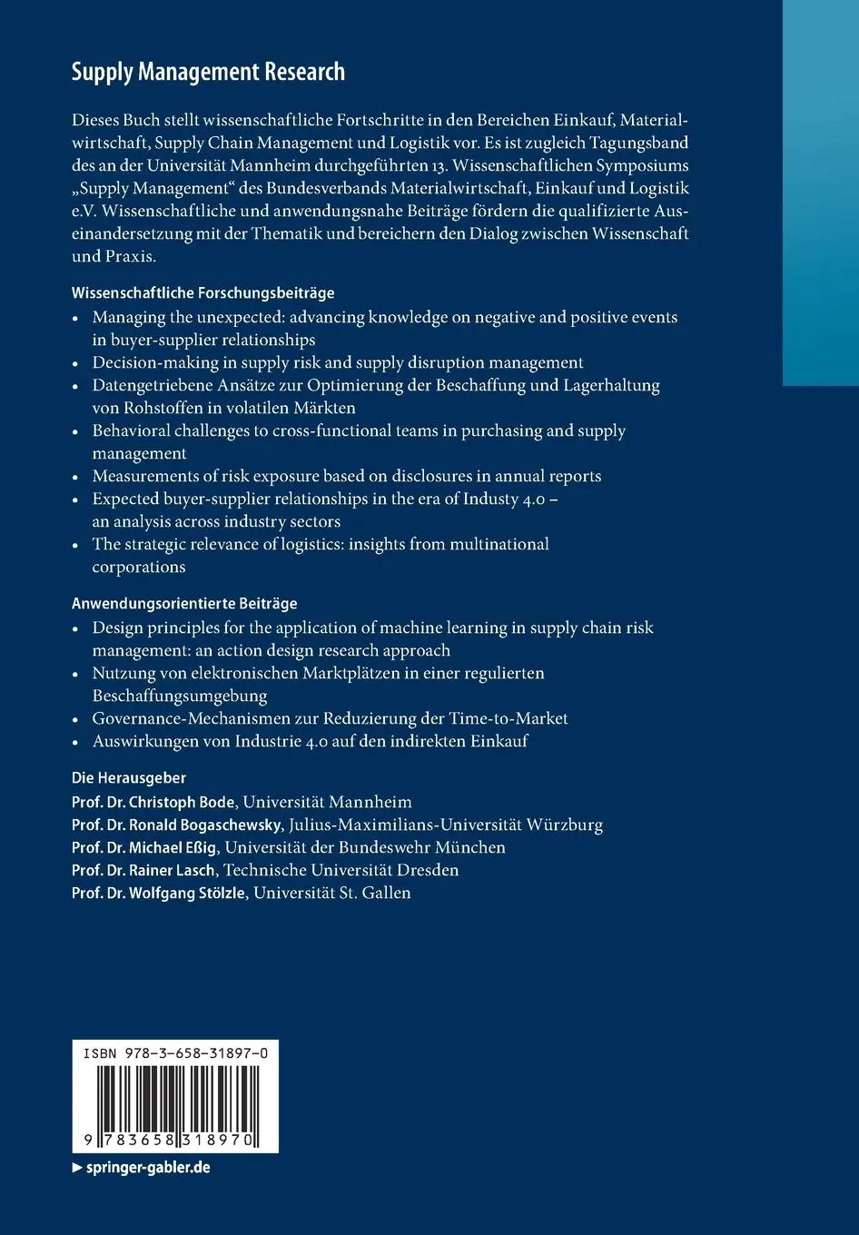 Rückseite: 9783658318970 | Supply Management Research | Aktuelle Forschungsergebnisse 2020 | Buch