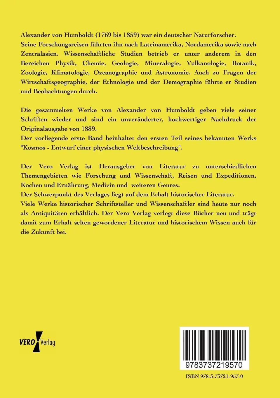 Rückseite: 9783737219570 | Gesammelte Werke von Alexander von Humboldt | Erster Band | Buch