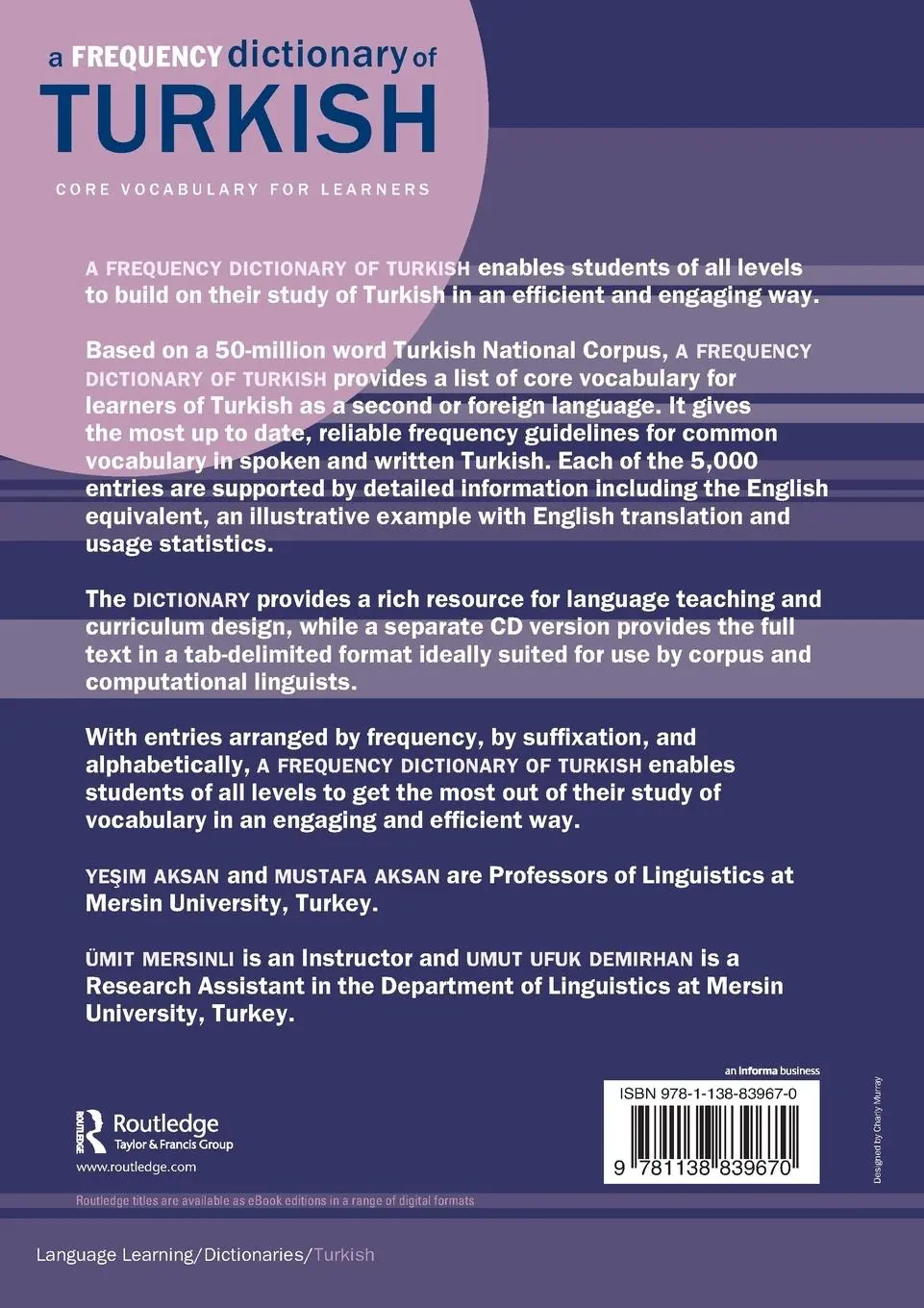 Rückseite: 9781138839670 | A Frequency Dictionary of Turkish | Ye¿im Aksan (u. a.) | Taschenbuch