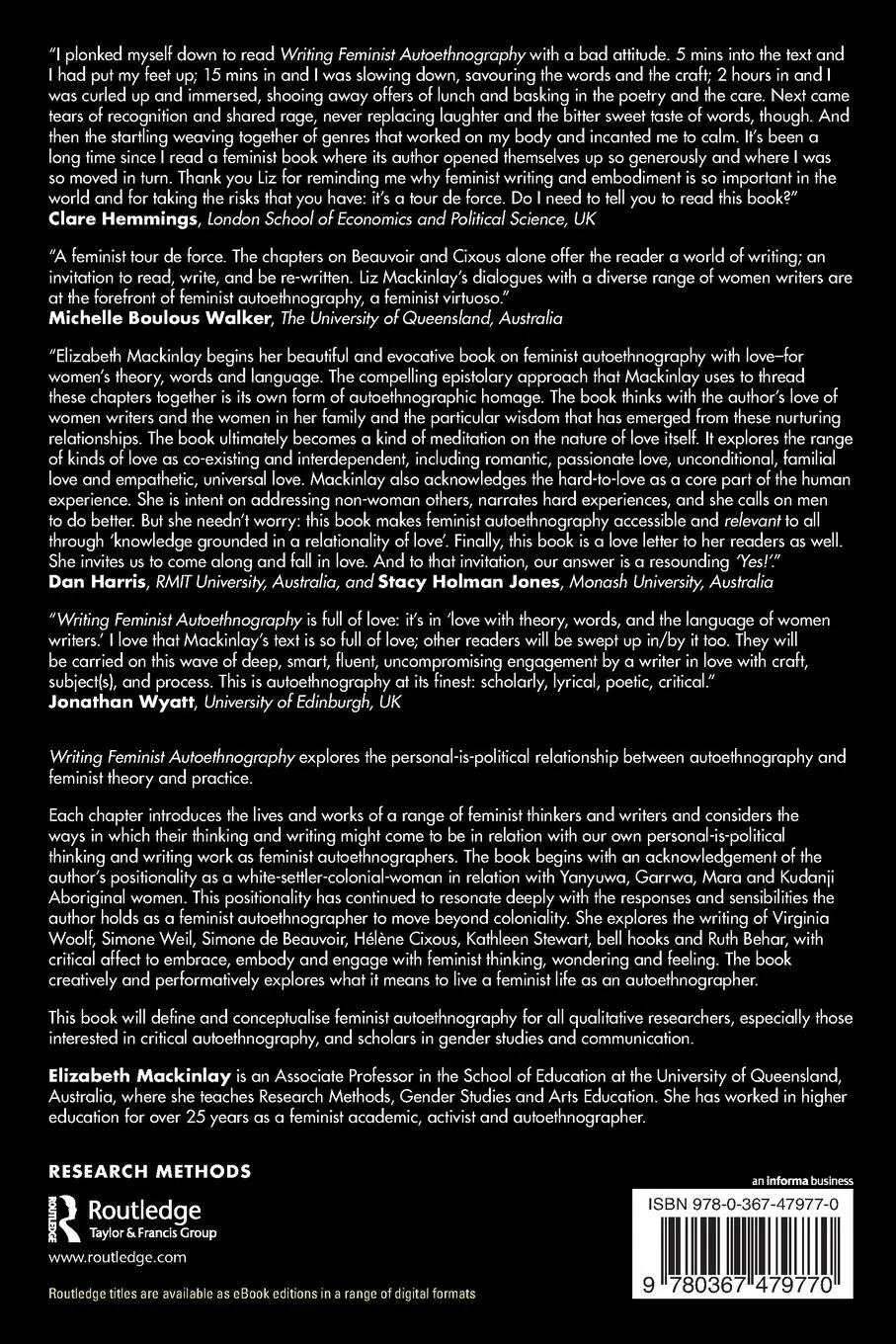 Rückseite: 9780367479770 | Writing Feminist Autoethnography | Elizabeth Mackinlay | Taschenbuch