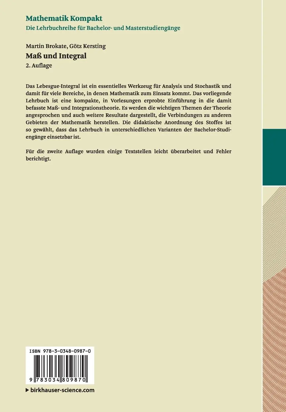 Rückseite: 9783034809870 | Maß und Integral | Götz Kersting (u. a.) | Taschenbuch | vii | Deutsch