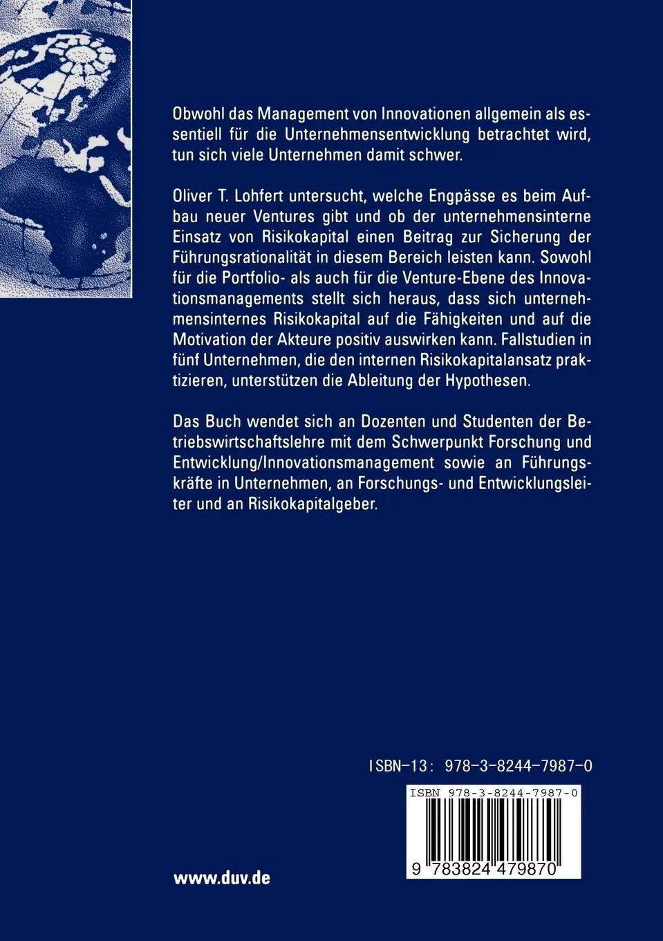 Rückseite: 9783824479870 | Innovationsmanagement durch internes Risikokapital | Lohfert | Buch