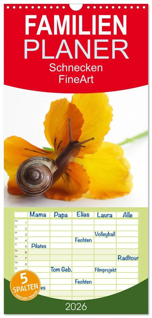 Cover: 9783516510171 | Familienplaner 2026 - Schnecken FineArt mit 5 Spalten...