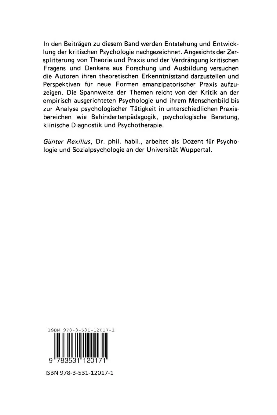 Rückseite: 9783531120171 | Psychologie als Gesellschaftswissenschaft | Günter Rexilius | Buch