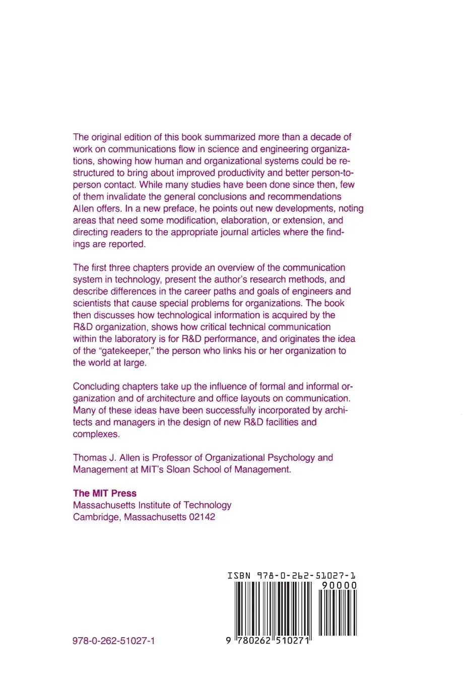 Rückseite: 9780262510271 | Managing the Flow of Technology | Thomas J. Allen | Taschenbuch | 1984