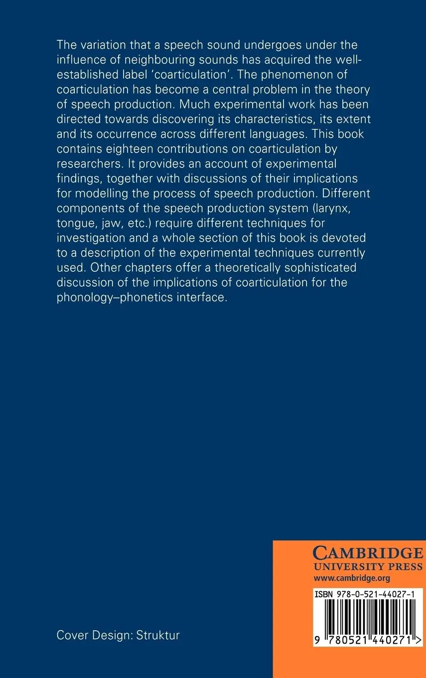 Rückseite: 9780521440271 | Coarticulation | Theory, Data and Techniques | Nigel Hewlett (u. a.)