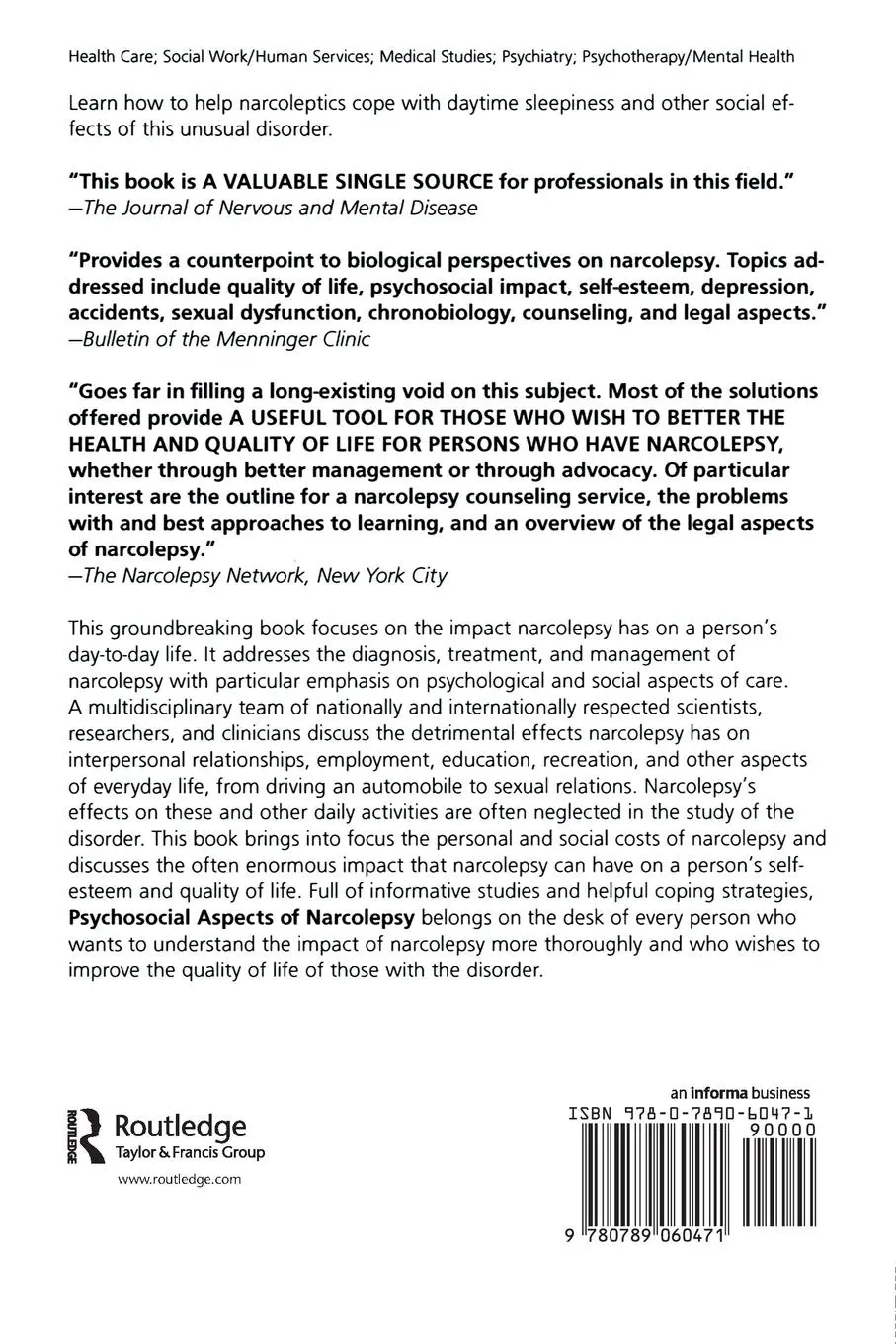 Rückseite: 9780789060471 | Psychosocial Aspects of Narcolepsy | Meeta Goswami (u. a.) | Buch