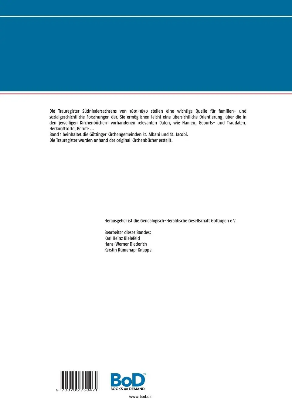 Rückseite: 9783735750471 | Trauregister aus den Kirchenbüchern Südniedersachsens 1801 -1850