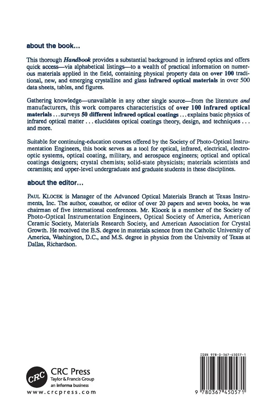 Rückseite: 9780367450571 | Handbook of Infrared Optical Materials | Paul Klocek | Taschenbuch