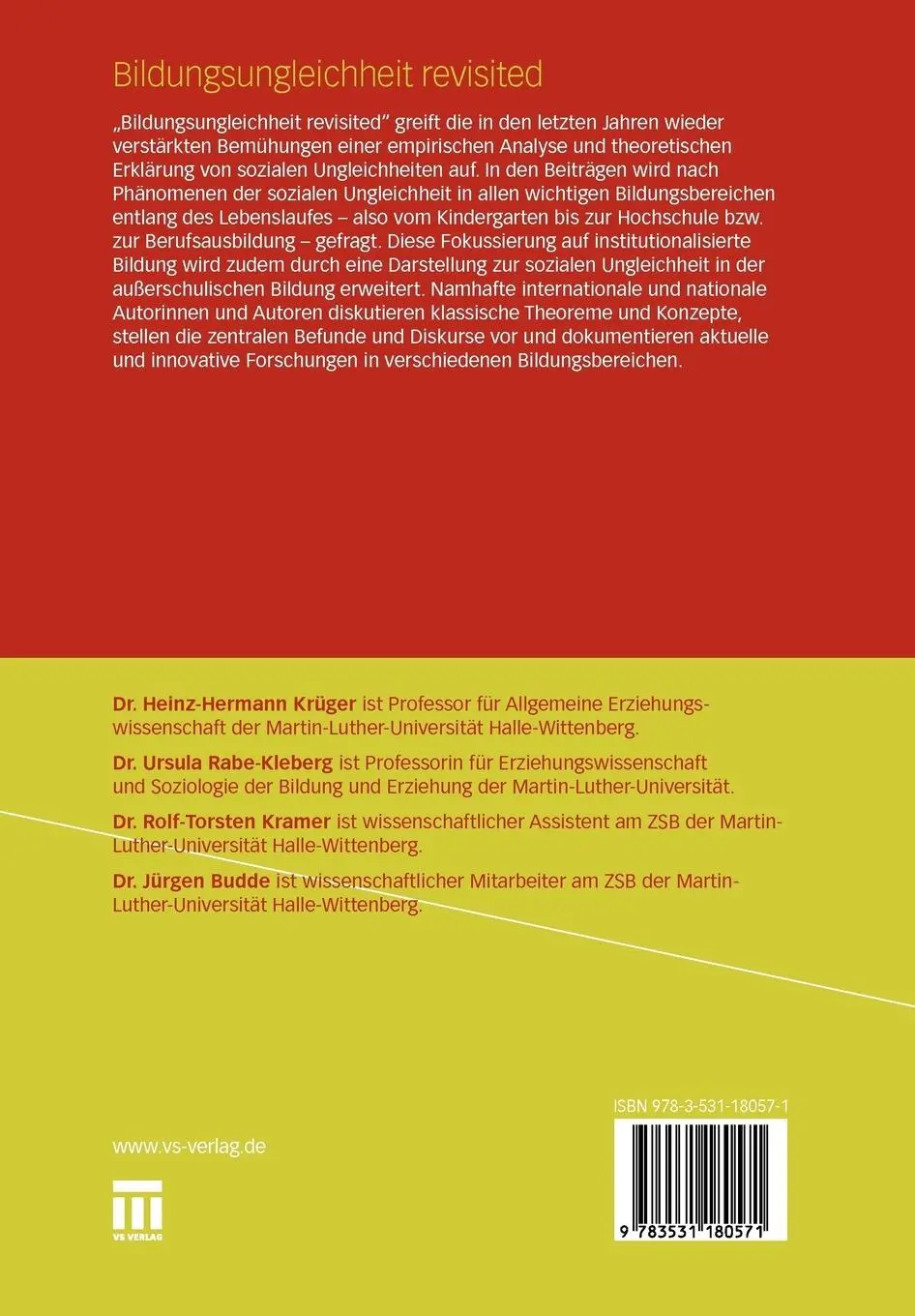 Rückseite: 9783531180571 | Bildungsungleichheit revisited | Heinz-Hermann Krüger (u. a.) | Buch