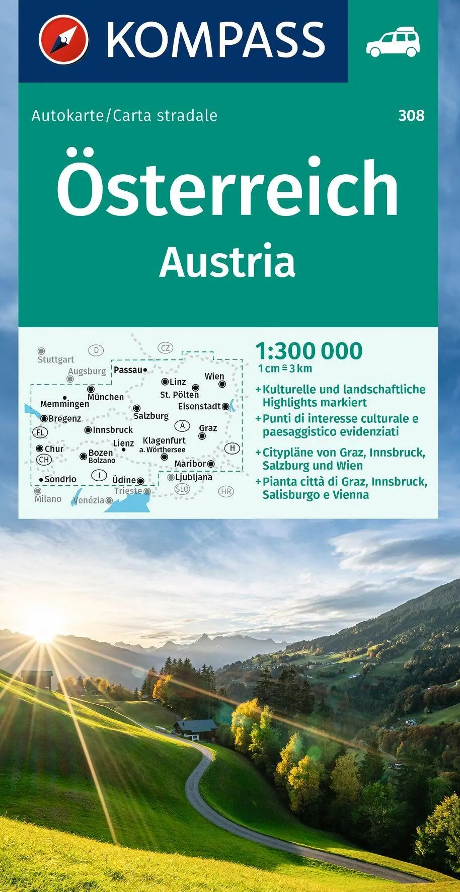 Cover: 9783991540571 | KOMPASS Autokarte Österreich 1:300.000 | mit Ortsverzeichnis | 2024