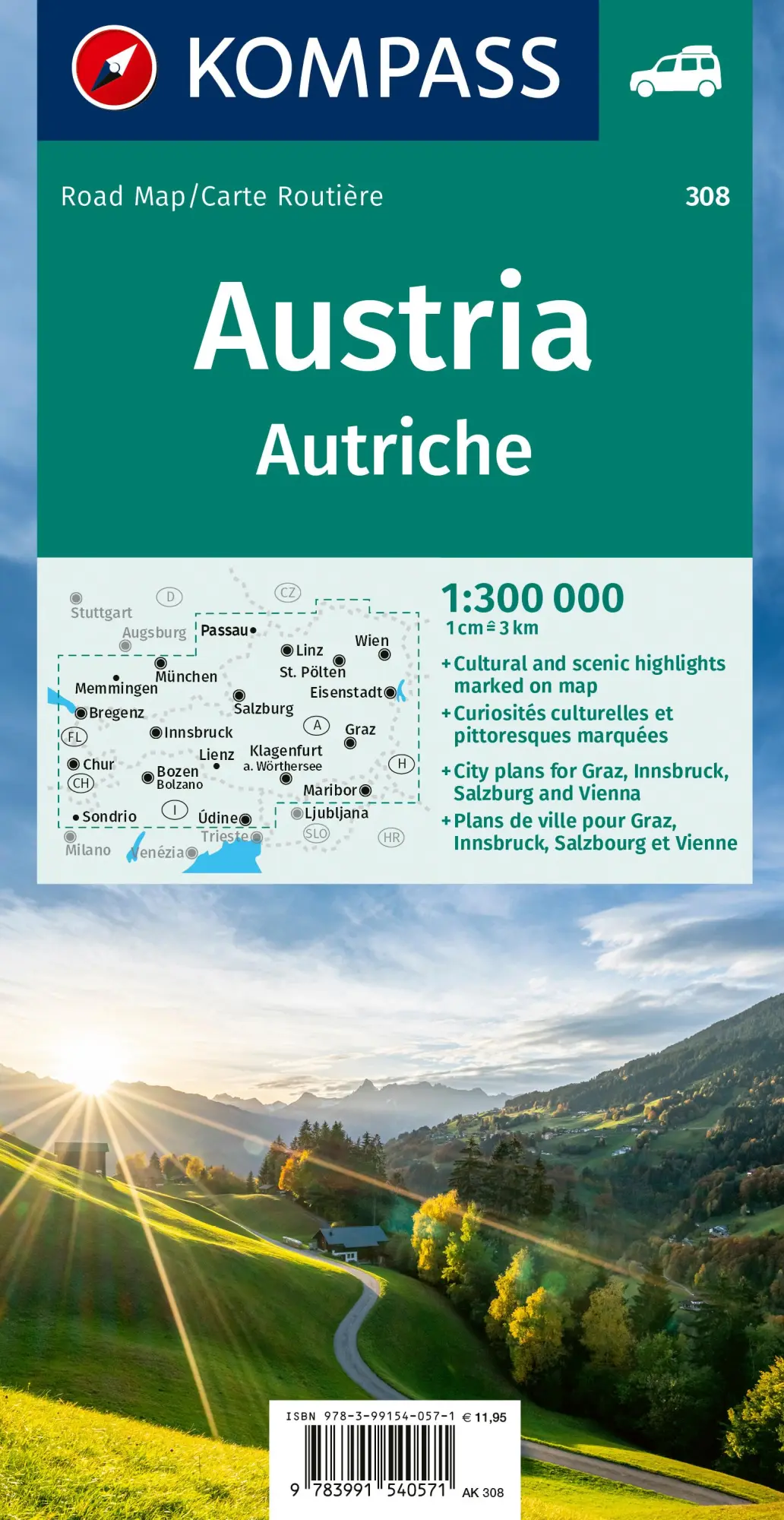 Rückseite: 9783991540571 | KOMPASS Autokarte Österreich 1:300.000 | mit Ortsverzeichnis | 2024