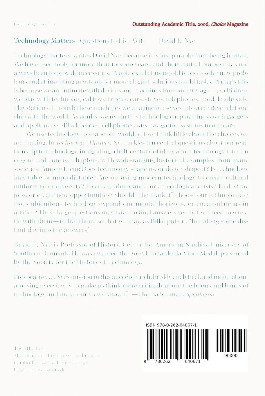 Rückseite: 9780262640671 | Technology Matters | Questions to Live With | David E. Nye | Buch