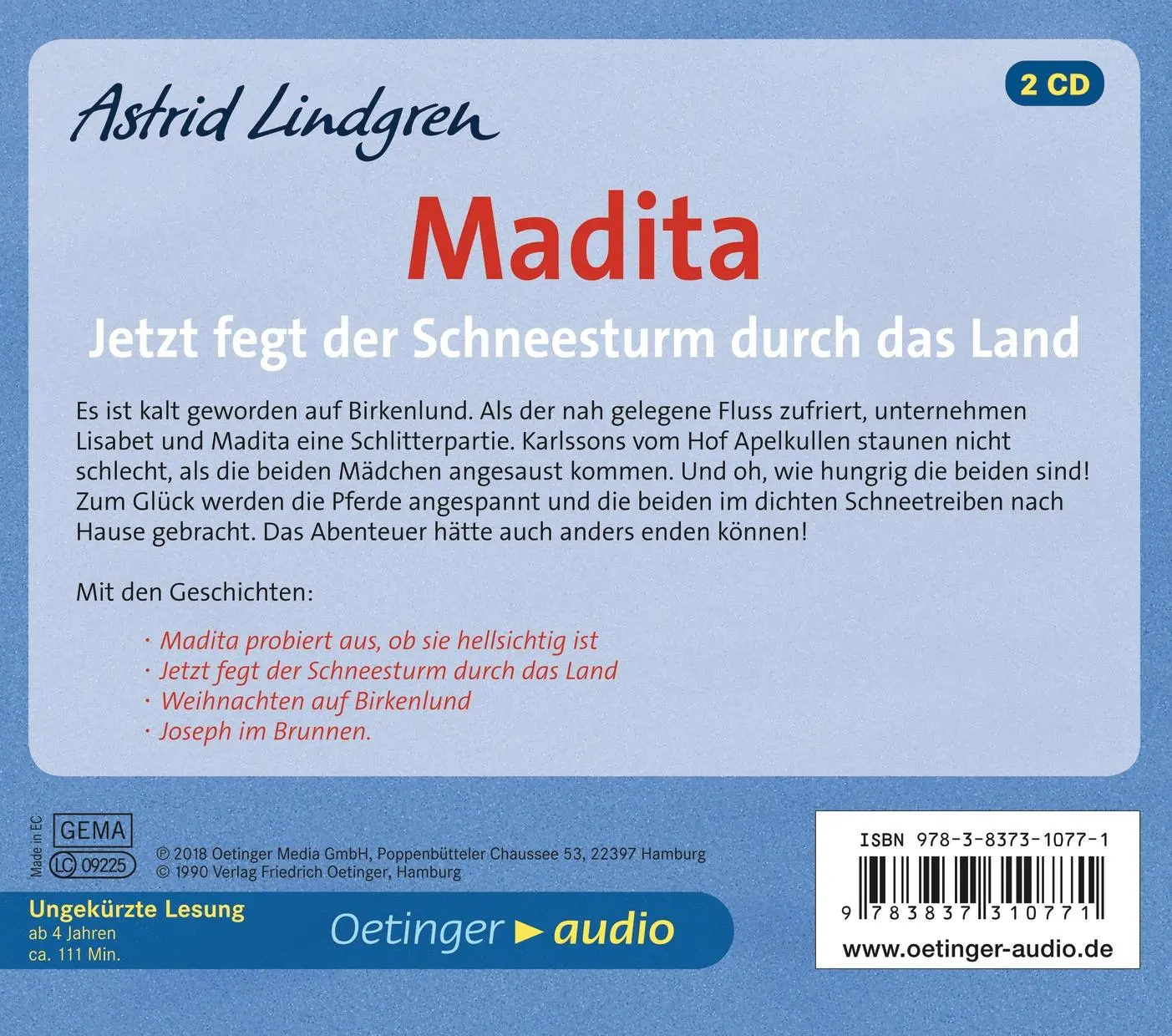 Rückseite: 9783837310771 | Madita | Jetzt fegt der Schneesturm durch das Land (2CD) | Lindgren