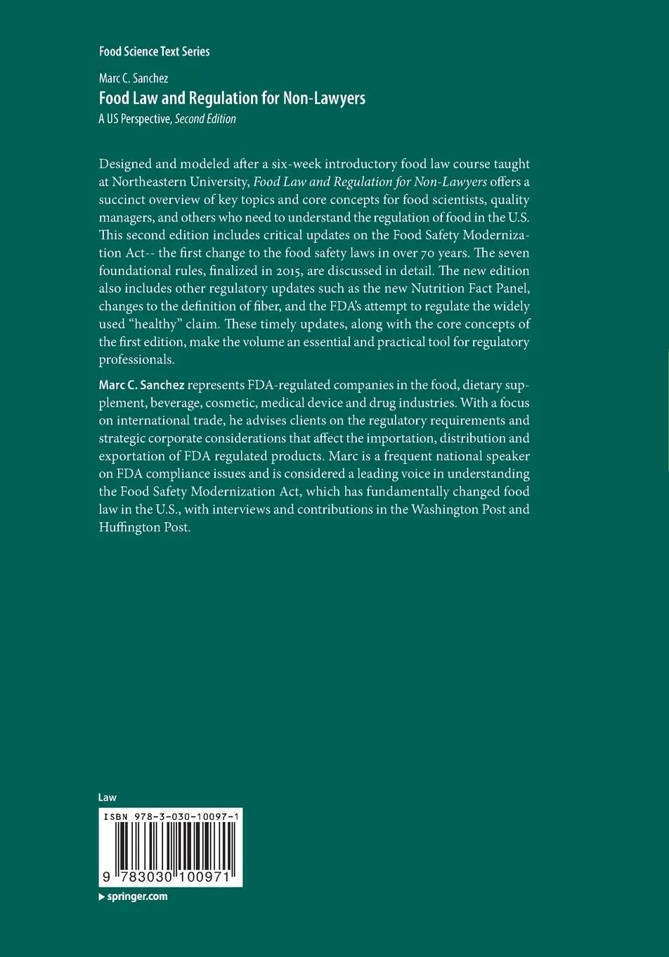 Rückseite: 9783030100971 | Food Law and Regulation for Non-Lawyers | A US Perspective | Sanchez