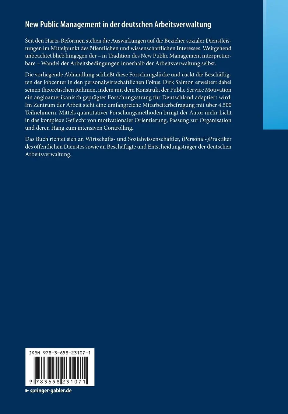 Rückseite: 9783658231071 | New Public Management in der deutschen Arbeitsverwaltung | Dirk Salmon