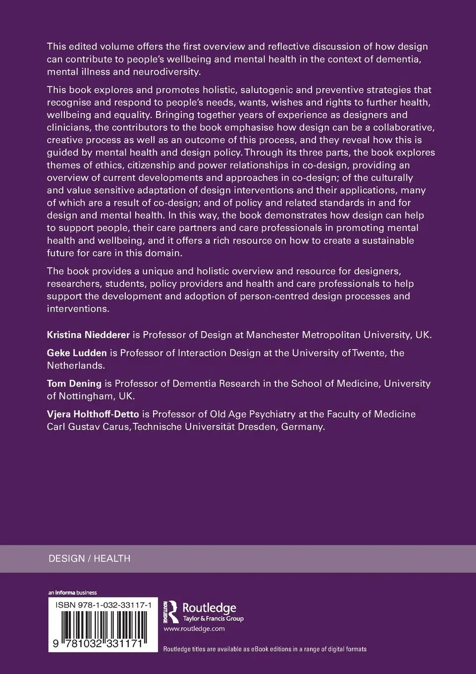 Rückseite: 9781032331171 | Design for Dementia, Mental Health and Wellbeing | Niedderer (u. a.)