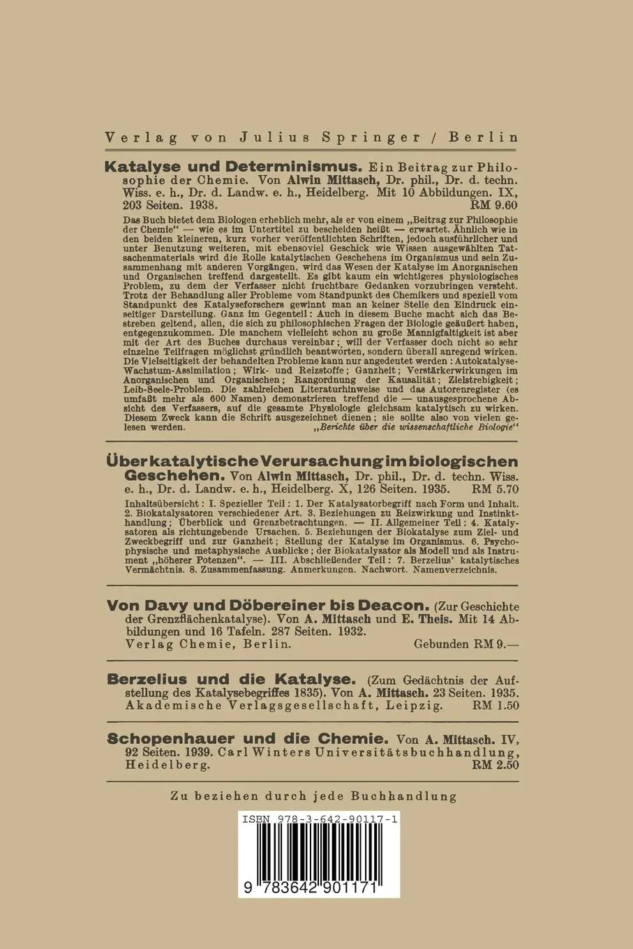Rückseite: 9783642901171 | Kurze Geschichte der Katalyse in Praxis und Theorie | Na Mittasch