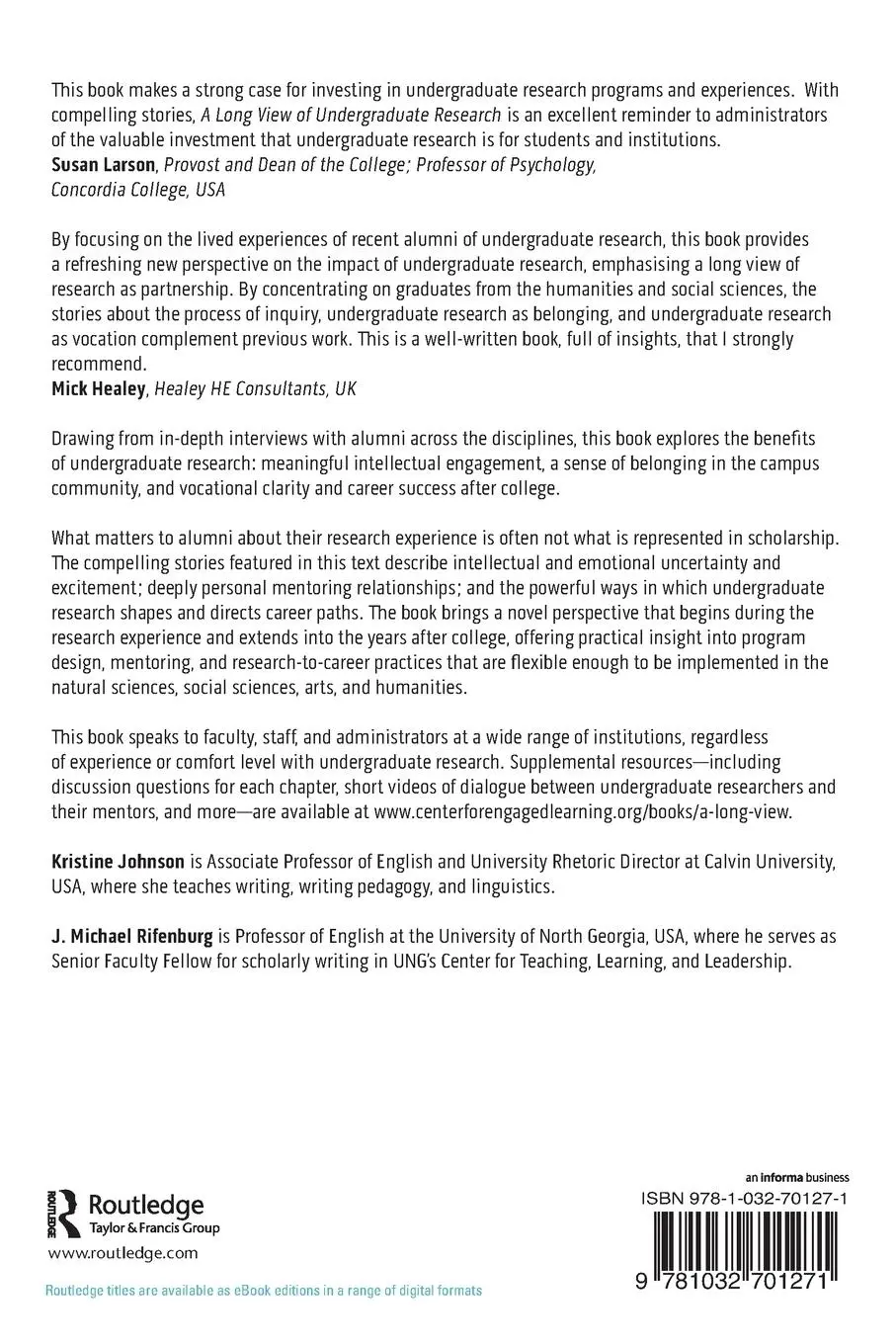 Rückseite: 9781032701271 | A Long View of Undergraduate Research | J. Michael Rifenburg (u. a.)