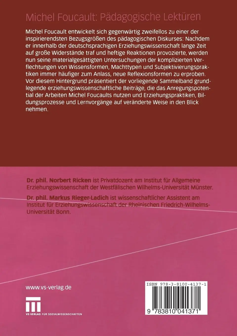 Rückseite: 9783810041371 | Michel Foucault: Pädagogische Lektüren | Markus Rieger-Ladich (u. a.)