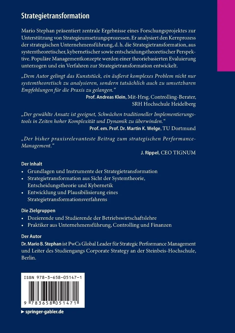 Rückseite: 9783658051471 | Strategietransformation | Mario B. Stephan | Taschenbuch | xxix | 2014