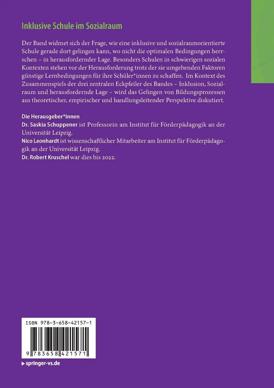 Rückseite: 9783658421571 | Inklusive Schule im Sozialraum | Saskia Schuppener (u. a.) | Buch