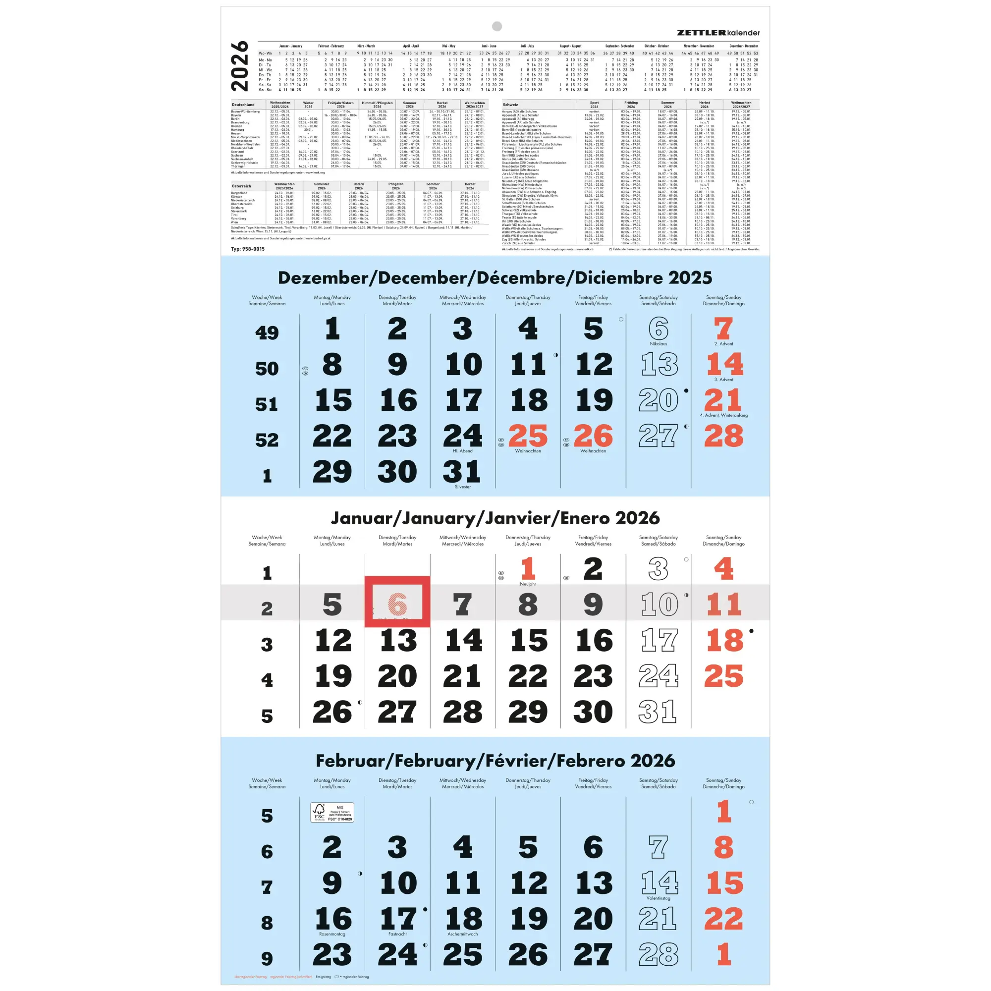 Cover: 4069095001671 | 3-Monatskalender blau 2026 - 33x45 - mit Kopftafel - Datumsschieber...