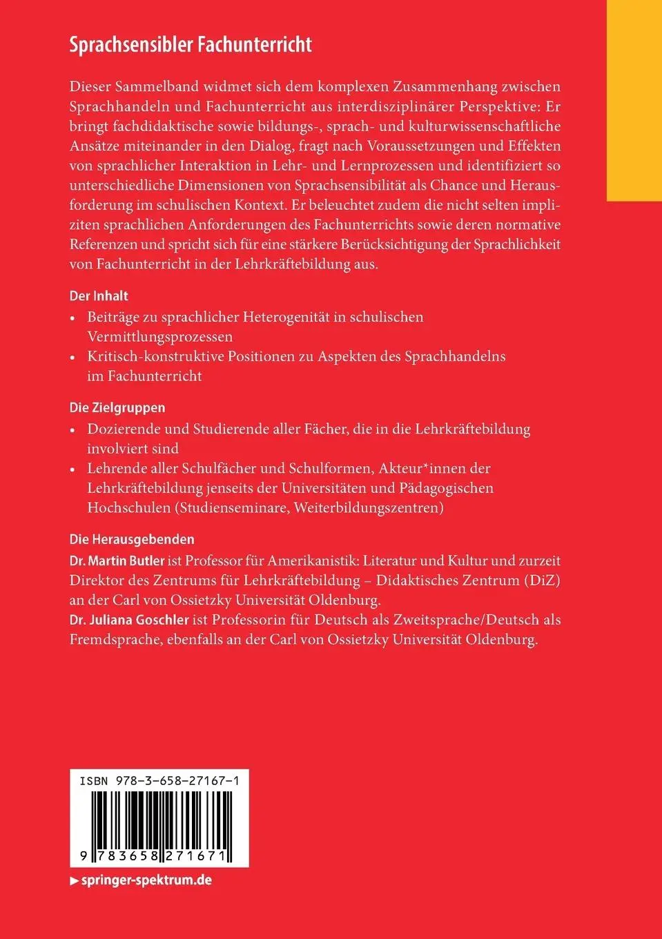 Rückseite: 9783658271671 | Sprachsensibler Fachunterricht | Juliana Goschler (u. a.) | Buch | xvi