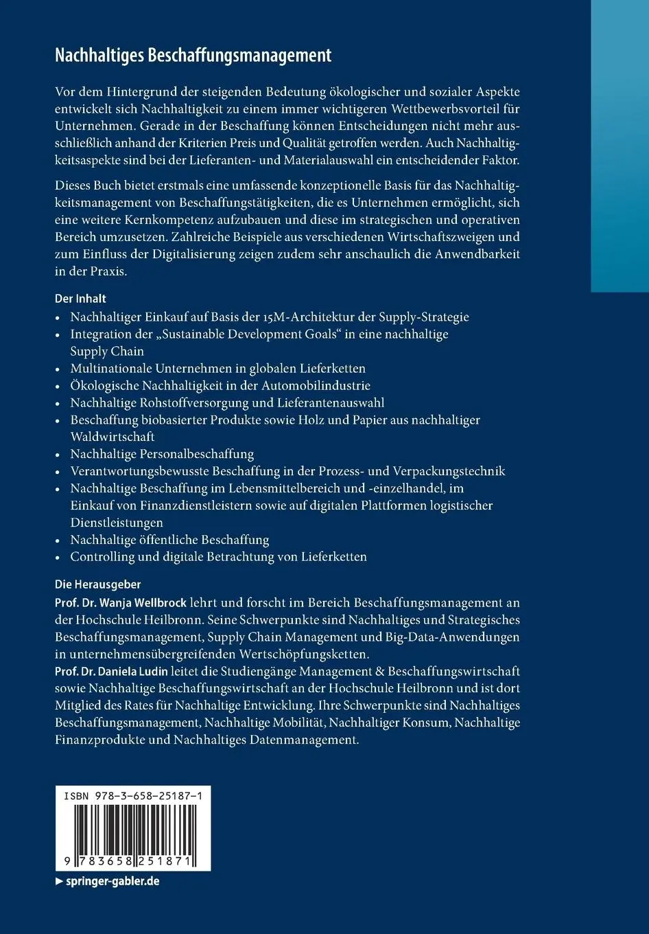 Rückseite: 9783658251871 | Nachhaltiges Beschaffungsmanagement | Daniela Ludin (u. a.) | Buch