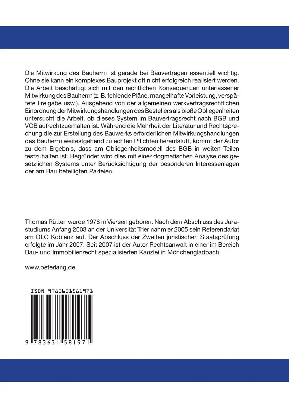 Rückseite: 9783631581971 | Die Bestellermitwirkung zwischen Obliegenheit und Pflicht | Rütten