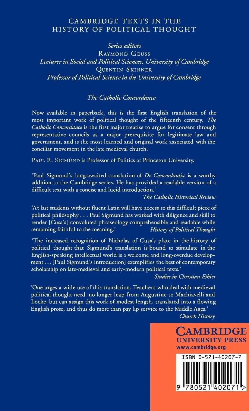 Rückseite: 9780521402071 | Nicholas of Cusa | The Catholic Concordance | Paul E. Sigmond (u. a.)