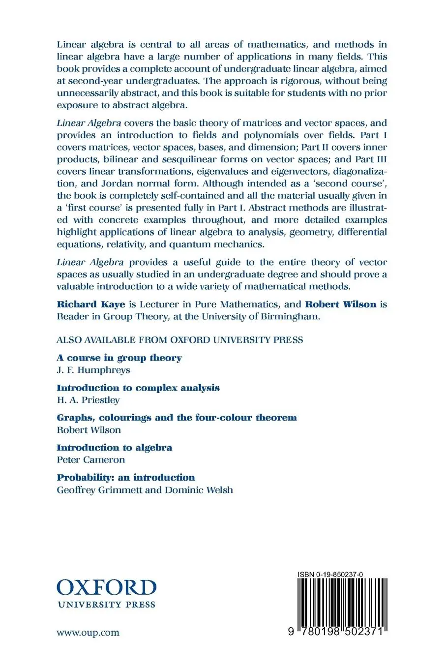 Rückseite: 9780198502371 | Linear Algebra | Wilson Kaye (u. a.) | Taschenbuch | Englisch | 1998