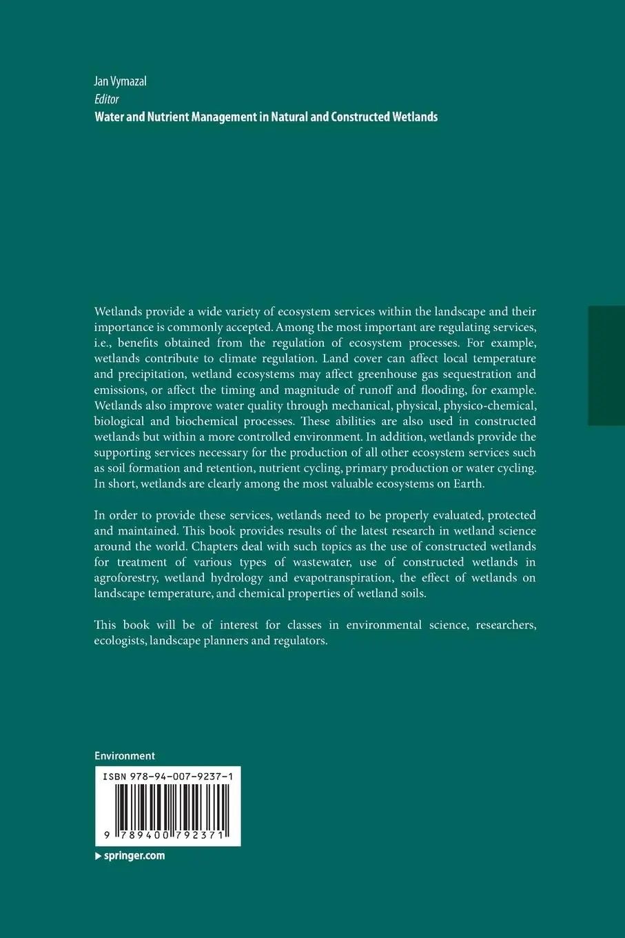 Rückseite: 9789400792371 | Water and Nutrient Management in Natural and Constructed Wetlands