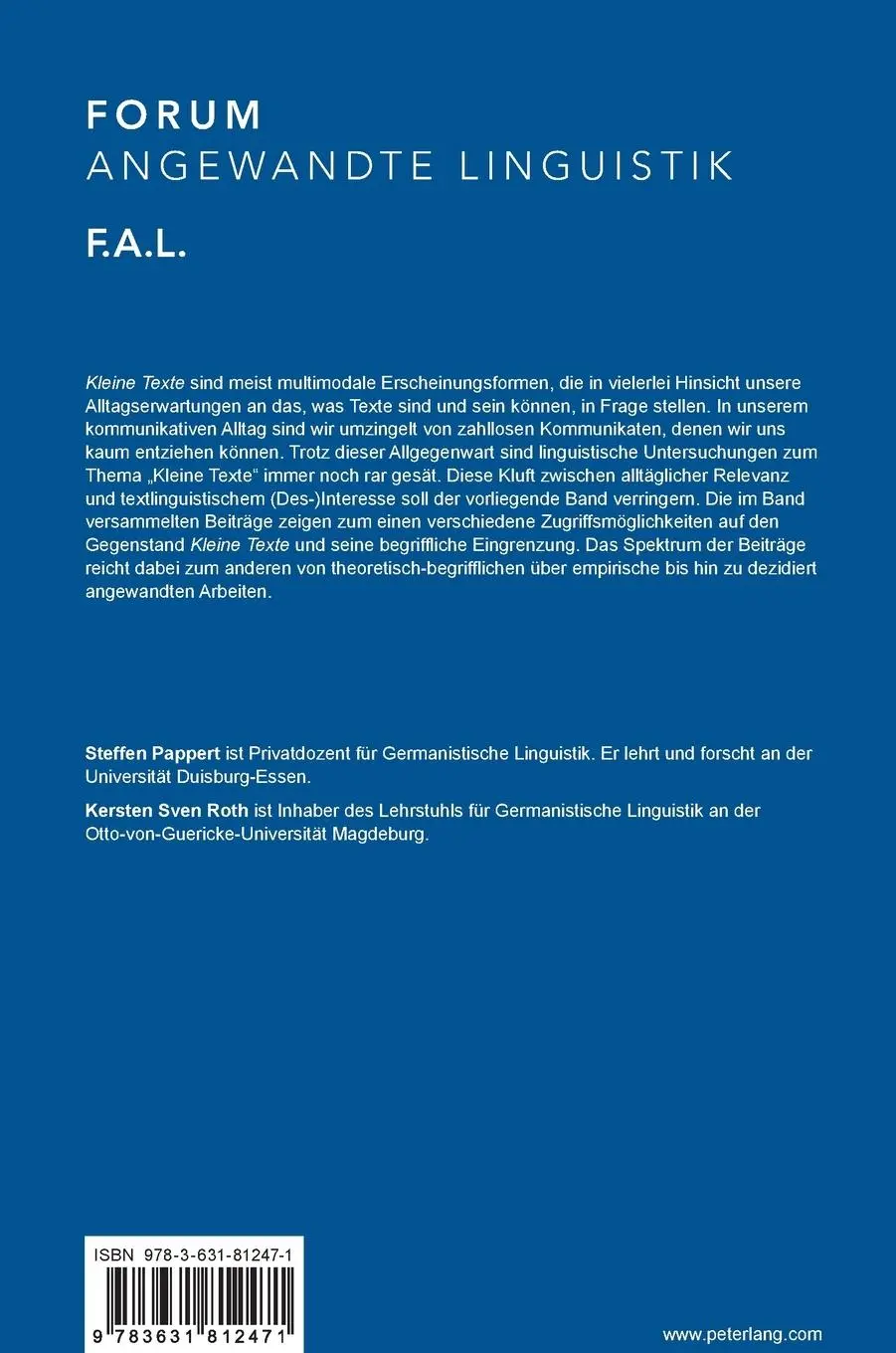 Rückseite: 9783631812471 | Kleine Texte | Steffen Pappert (u. a.) | Buch | 352 S. | Deutsch