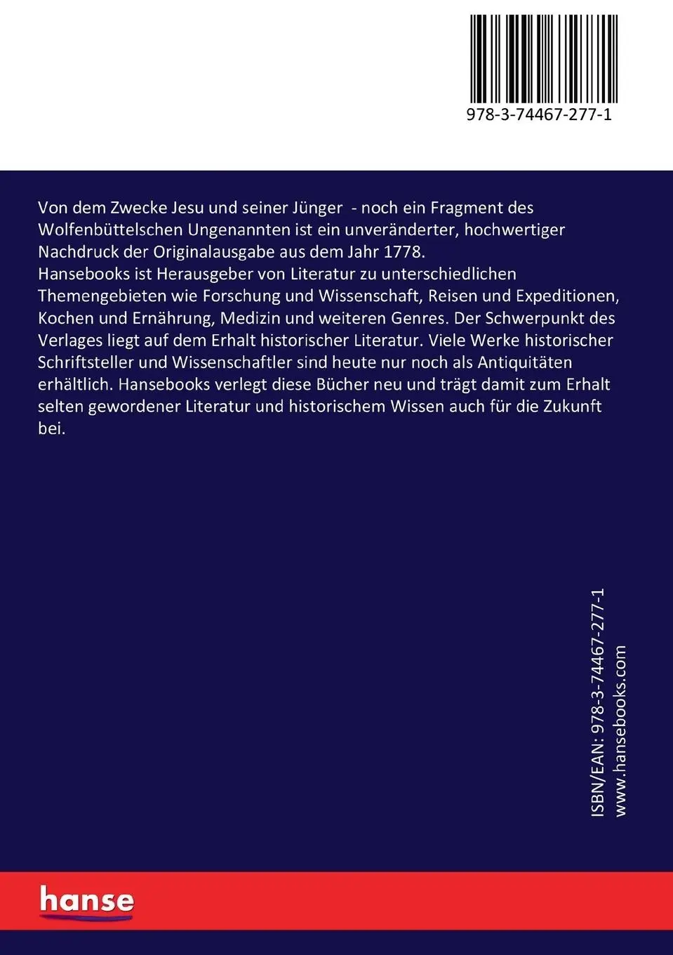Rückseite: 9783744672771 | Von dem Zwecke Jesu und seiner Jünger | Hermann Samuel Reimarus | Buch