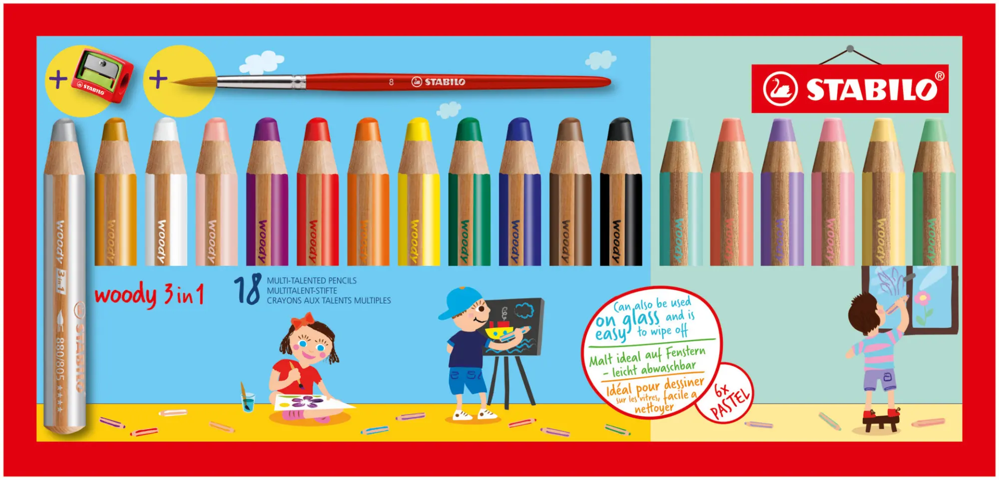 Cover: 4006381582971 | STABILO woody 3 in 1, 18er Etui mit Pinsel, Spitzer, Pastellfarben