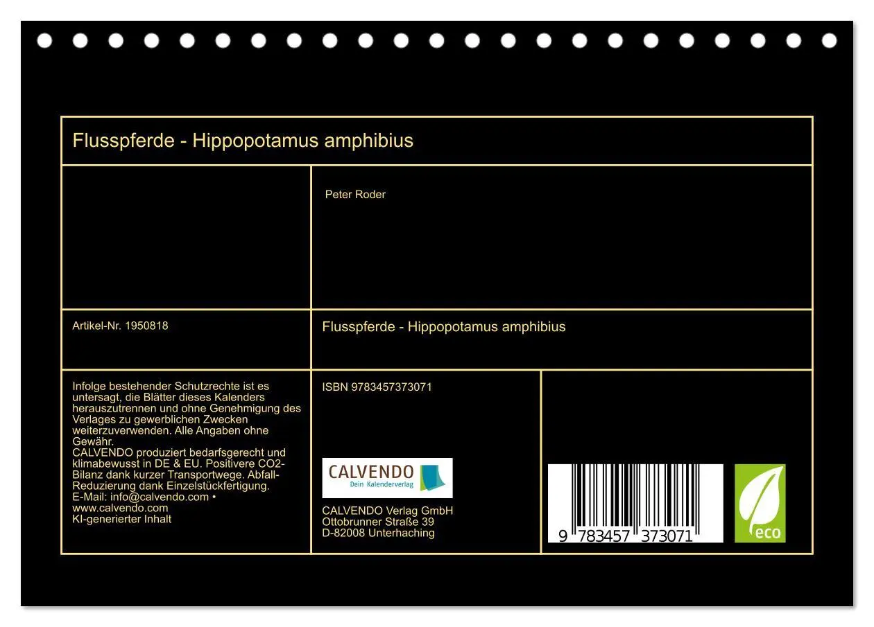 Bild: 9783457373071 | Flusspferde - Hippopotamus amphibius (Tischkalender 2026 DIN A5...