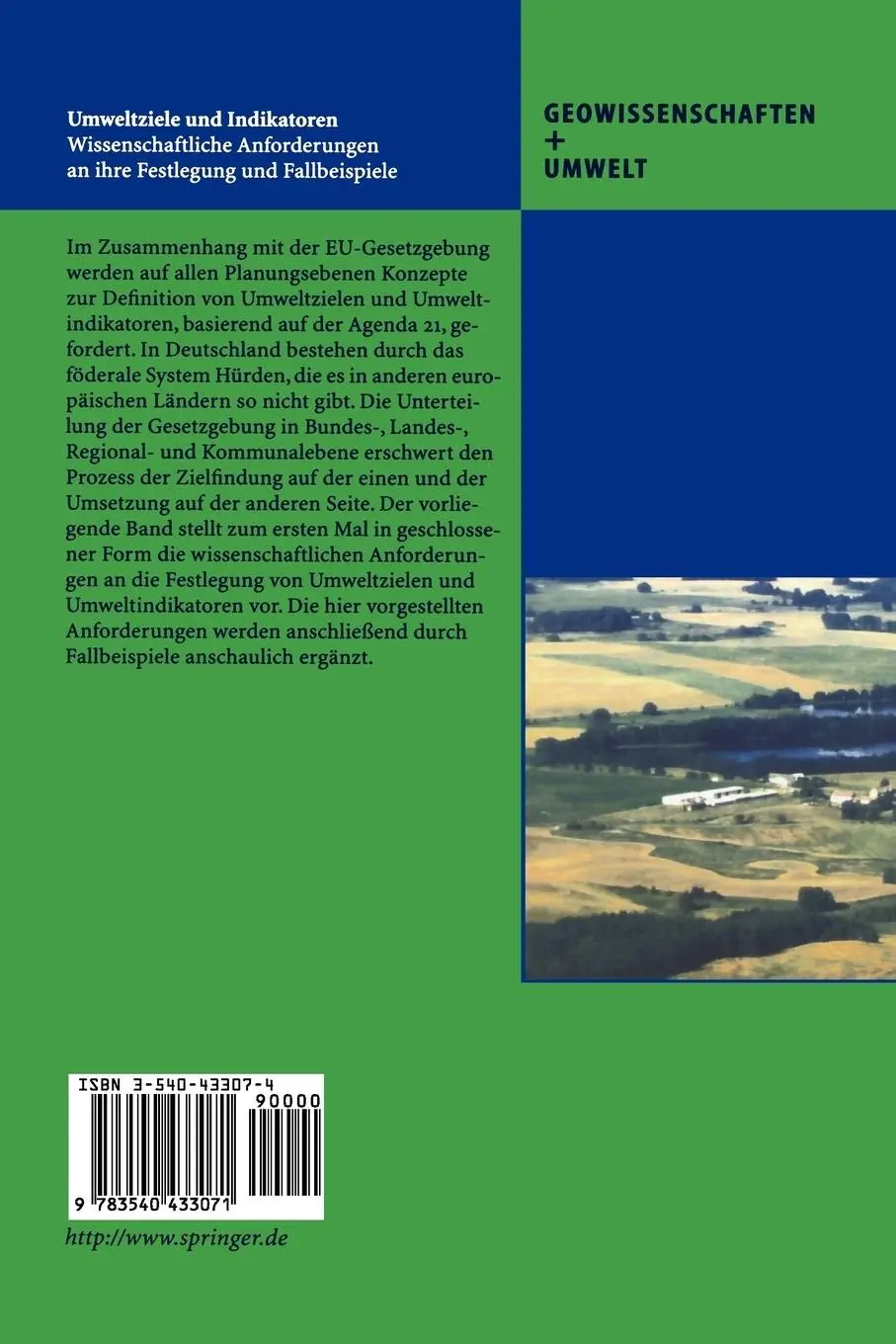 Rückseite: 9783540433071 | Umweltziele und Indikatoren | Hubert Wiggering (u. a.) | Taschenbuch