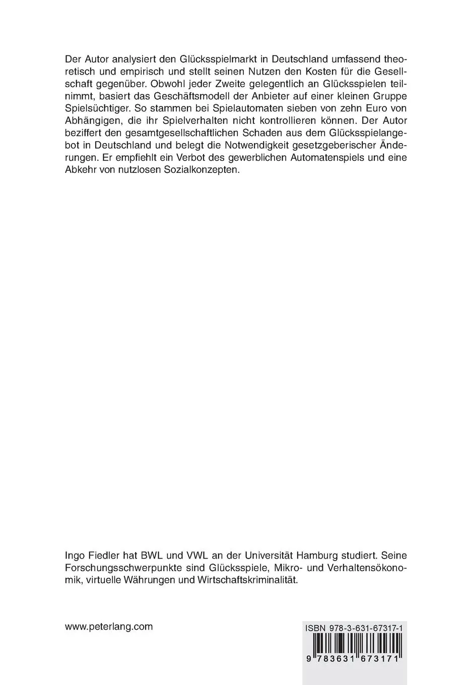 Rückseite: 9783631673171 | Glücksspiele | Ingo Fiedler | Buch | Gebunden | Deutsch | 2016