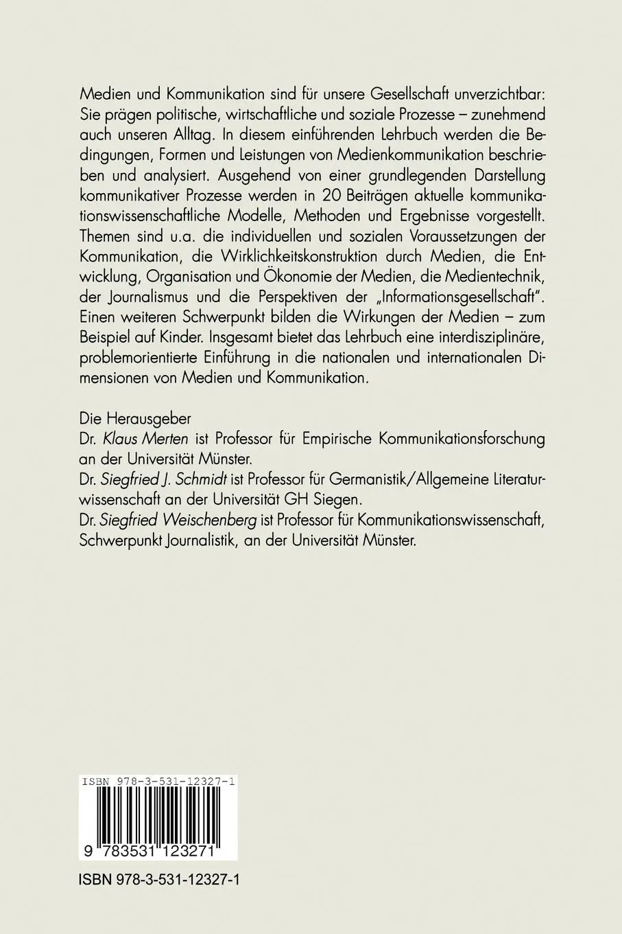 Rückseite: 9783531123271 | Die Wirklichkeit der Medien | Klaus Merten (u. a.) | Taschenbuch