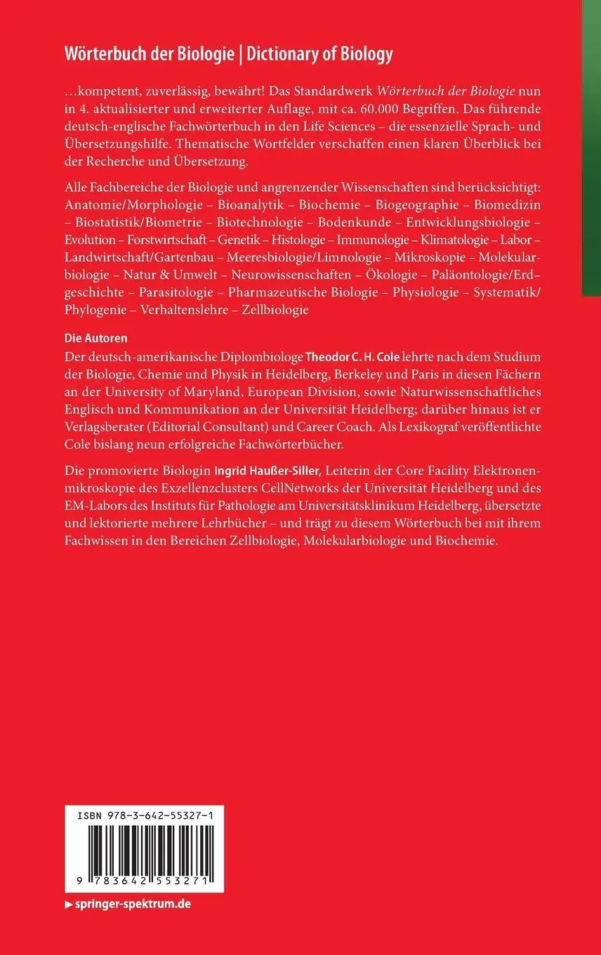 Rückseite: 9783642553271 | Wörterbuch der Biologie Dictionary of Biology | Theodor C. H. Cole
