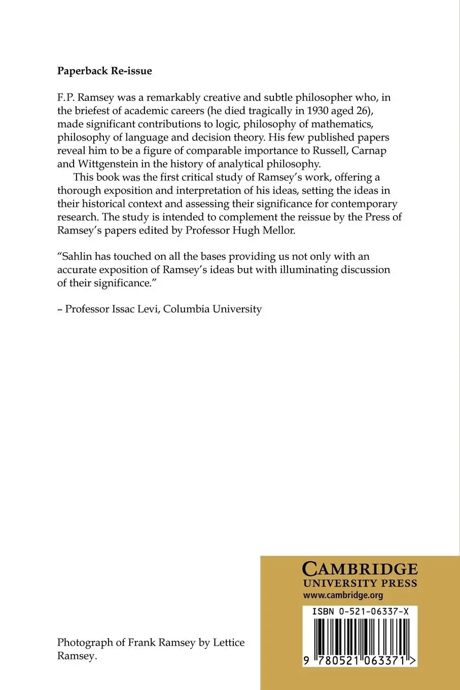 Rückseite: 9780521063371 | The Philosophy of F. P. Ramsey | Nils-Eric Sahlin | Taschenbuch | 2008