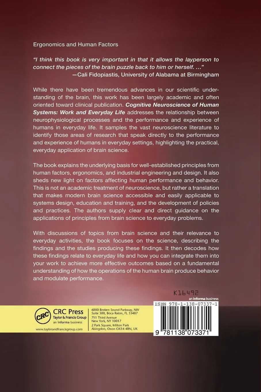 Rückseite: 9781138073371 | Cognitive Neuroscience of Human Systems | Work and Everyday Life