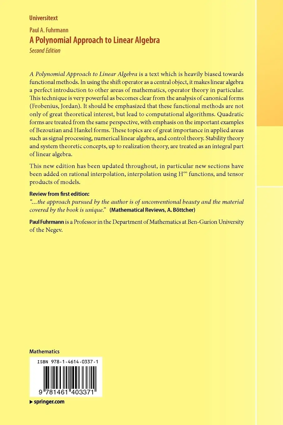 Rückseite: 9781461403371 | A Polynomial Approach to Linear Algebra | Paul A. Fuhrmann | Buch